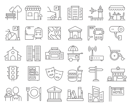 Simple Set of City Elements Related Vector Line Icons. Outline Symbol Collection. Editable Stroke.