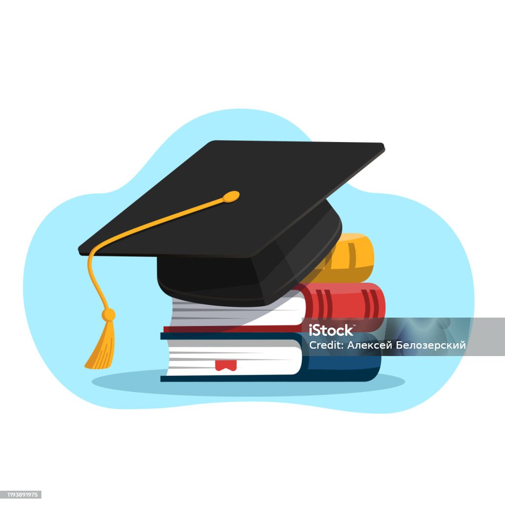 Education and graduation concept. Black graduation cap on stack of books. Vector illustration in flat style. Mortarboard stock vector