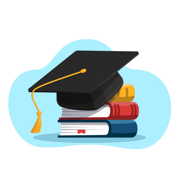 Education and graduation concept. Black graduation cap on stack of books. Vector illustration in flat style. graduation stock illustrations