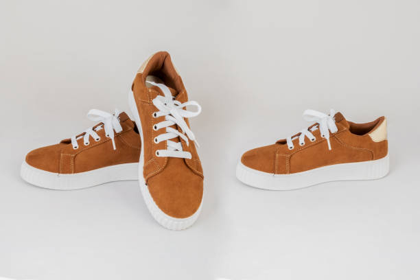 brown sneakers shoes isolated on white background side and front view