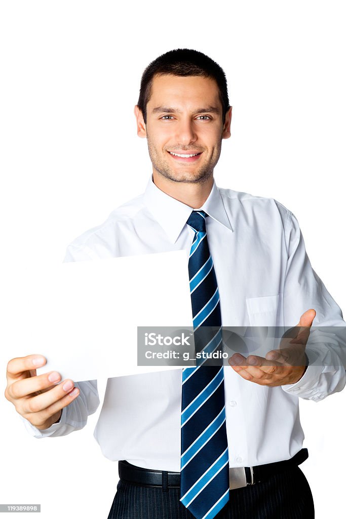 Junger Geschäftsmann mit Schild, isoliert auf weiss - Lizenzfrei Ankündigung Stock-Foto