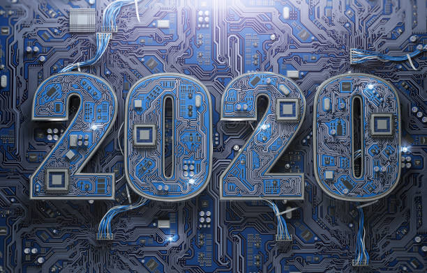 istock 2020 on circuit board or motherboard with cpu. Computer technology and internet commucations digital concept background. Happy new 2020 year. 1193899170