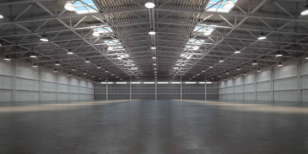 Empty warehouse interior. Storehouse building or storage room. Empty warehouse interior. Storehouse building or storage room. 3d illustration airplane hangar stock pictures, royalty-free photos & images