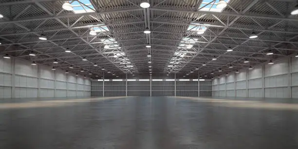 Empty warehouse interior. Storehouse building or storage room. 3d illustration