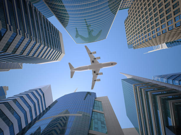 aereo che sorvola grattacieli n quartiere del centro città. concetto di background di viaggio aziendale aziendale. 3 - commercial airplane finance airplane private airplane foto e immagini stock