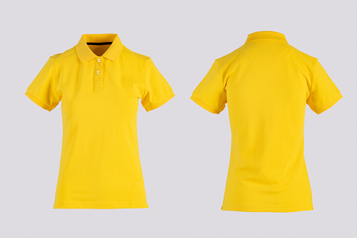 yellow womens blank polo shirt, front and back view isolated on white on invisible mannequin