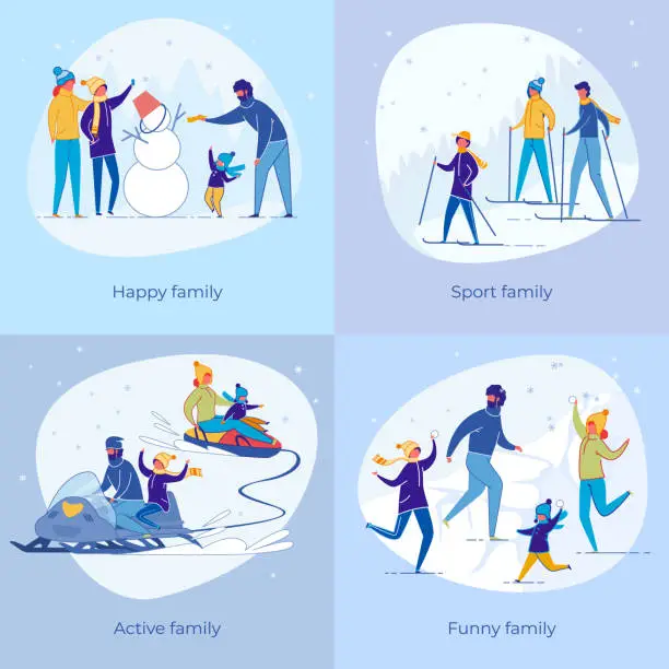 Vector illustration of Active Sportive Family Enjoy Christmas Vacation.