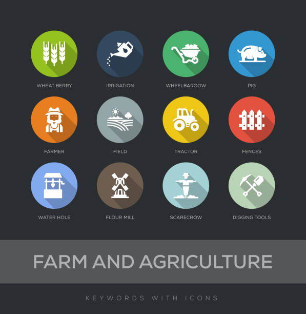 ilustrações de stock, clip art, desenhos animados e ícones de farm and agriculture flat design icon set - commercial sprinkler system