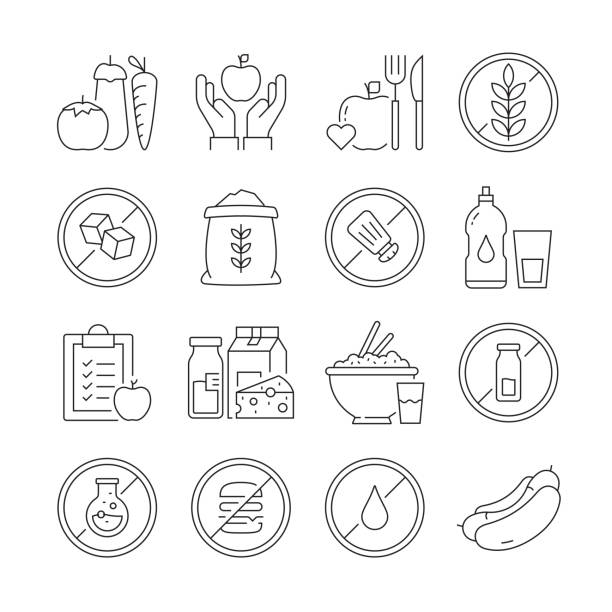 ilustrações de stock, clip art, desenhos animados e ícones de simple set of organic food and health nutrition related vector line icons. outline symbol collection. editable stroke - diabetes superfoods