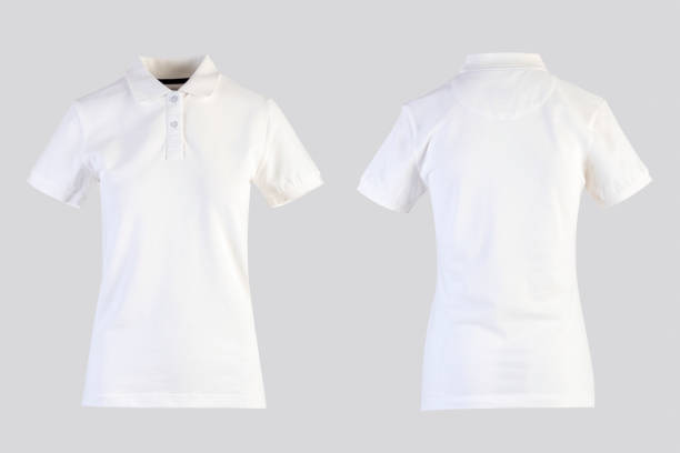 polo bianca da donna bianca, vista frontale e posteriore isolata su bianco su manichino invisibile - polo shirt shirt clothing mannequin foto e immagini stock