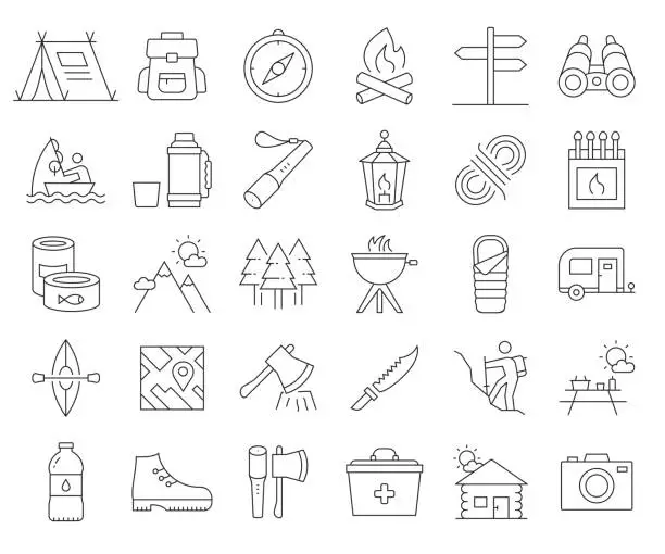 Vector illustration of Simple Set of Camping and Outdoor Recreation Related Vector Line Icons. Outline Symbol Collection. Editable Stroke