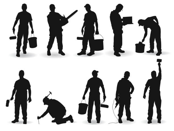 ilustraciones, imágenes clip art, dibujos animados e iconos de stock de trabajador de la construcción y pintor - construction worker silhouette people construction
