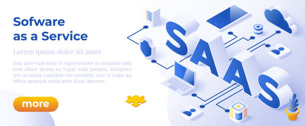 saas - 등각 투영 벡터 그림. 웹 사이트 배너 레이아웃 템플릿입니다. - paas stock illustrations