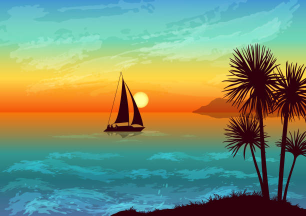 landschaft mit palmen und schiff - silhouette nautical vessel sea morning stock-grafiken, -clipart, -cartoons und -symbole