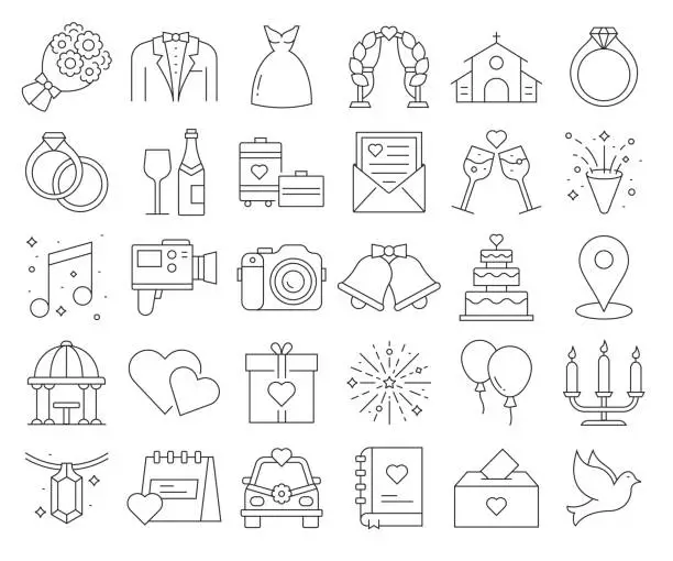 Vector illustration of Simple Set of Wedding Related Vector Line Icons. Outline Symbol Collection. Editable Stroke