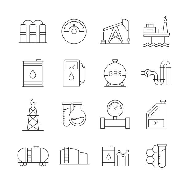 ilustraciones, imágenes clip art, dibujos animados e iconos de stock de conjunto simple de iconos de línea vectorial relacionados con la industria petrolera. colección de símbolos de esquema. trazo editable - oil industry drill tower place of work