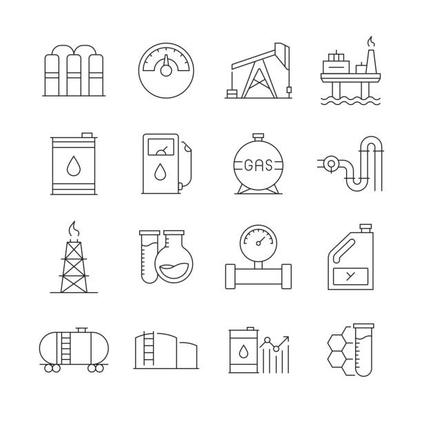 오일 산업 관련 벡터 라인 아이콘의 간단한 집합입니다. 윤곽선 기호 컬렉션입니다. 편집 가능한 스트로크 - industry oil industry chimney equipment stock illustrations