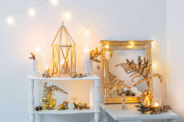 istock Christmas golden decor in white interior 1193911101