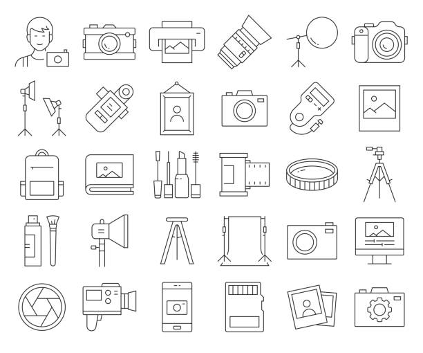 jednoduchá sada ikon vektorových čáře souvisejících s fotografií. kolekce symbolů osnovy. upravitelný tah - dlouhá expozice fotky stock ilustrace