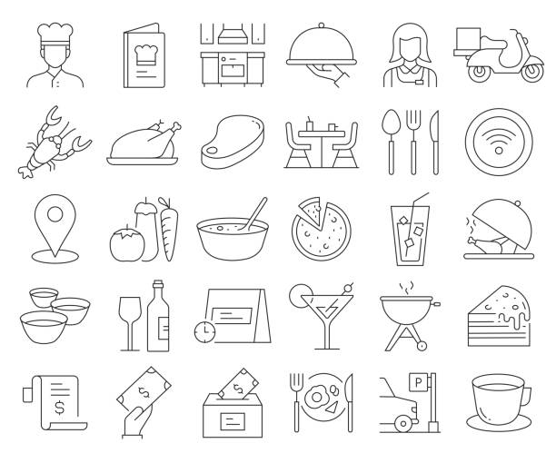 ilustrações de stock, clip art, desenhos animados e ícones de simple set of restaurant related vector line icons. outline symbol collection. editable stroke - vegetables table