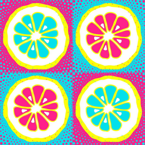 ilustrações de stock, clip art, desenhos animados e ícones de seamless vector pattern with citrus fruit, lemon, orange, lime on neon squares. pop art wallpaper. - neon orange