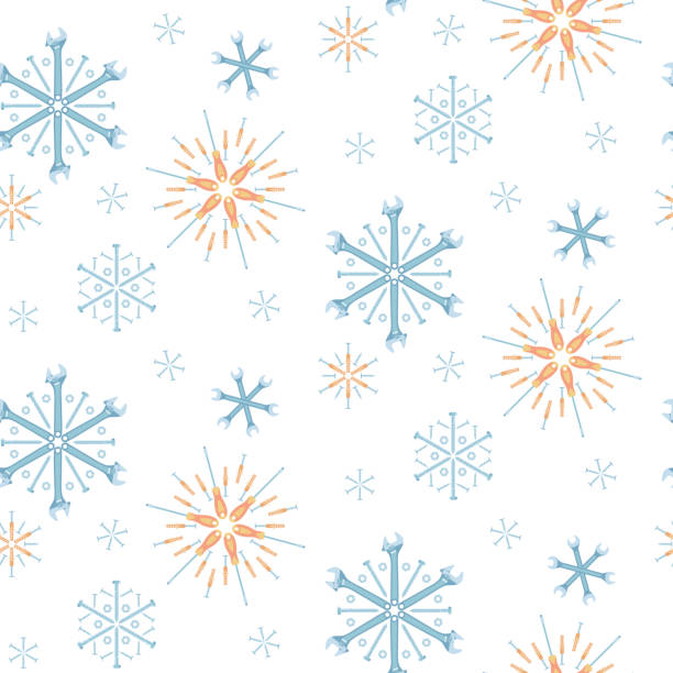 Christmas seamless pattern of tools and fasteners laid out in the shape of snowflakes. Vector background. vector art illustration