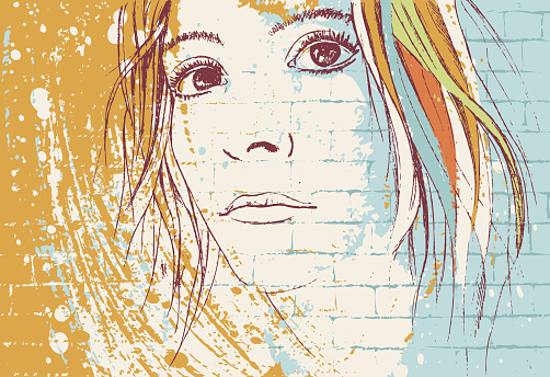 Vector illustration in graffiti style featuring a young woman portrait looking beyond with energetic brush strokes of paint.
