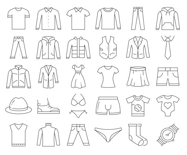 ilustraciones, imágenes clip art, dibujos animados e iconos de stock de conjunto simple de iconos de línea vectorial relacionados con la ropa. colección de símbolos de esquema. trazo editable - shirt clothing dress elegance