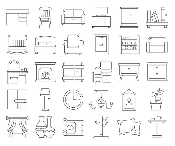 ilustraciones, imágenes clip art, dibujos animados e iconos de stock de conjunto simple de iconos de línea vectorial relacionados con muebles. colección de símbolos de esquema. trazo editable - side table illustrations