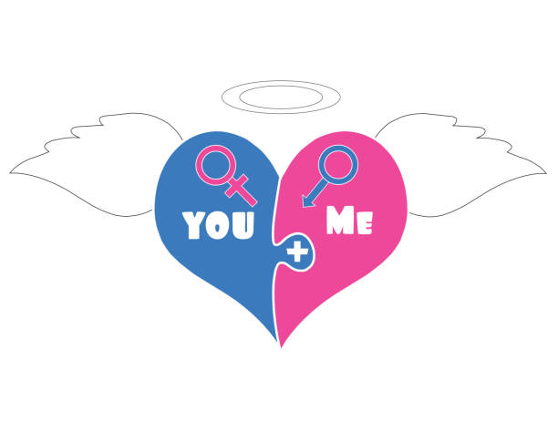 Puzzle Pieces Heart With Angel Wings, Halo Above Puzzle Two Pieces Heart With Angel Wings, Halo and Gender Signs Of Venus And Mars. You Plus Me. Isolated on White Background. Valentines Day Vector Illustration. Cute Cartoon Style Picture. clip art of a cupid free stock illustrations
