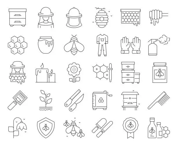 Vector illustration of Simple Set of Apiary Related Vector Line Icons. Outline Symbol Collection. Editable Stroke