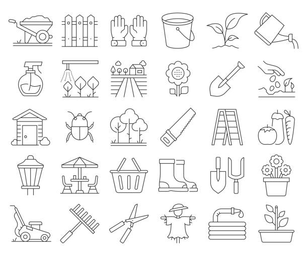 Simple Set of Gardening Related Vector Line Icons. Outline Symbol Collection. Editable Stroke Simple Set of Gardening Related Vector Line Icons. Outline Symbol Collection. Editable Stroke yard grounds illustrations stock illustrations