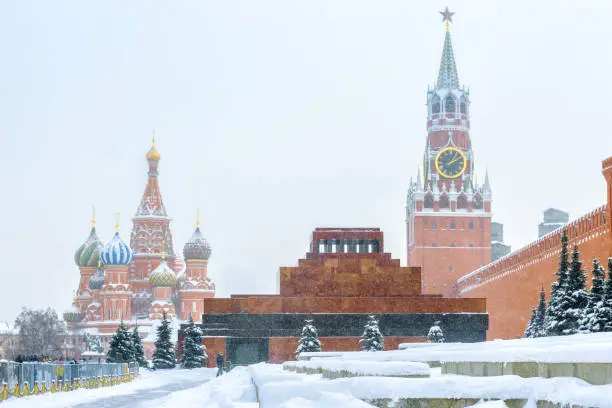 Photo of Red Square in winter, Moscow, Russia. It is famous tourist attraction of Moscow.