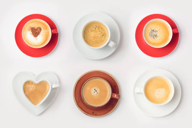istock Coffee cups set isolated on white background. Top view from above 1193925591
