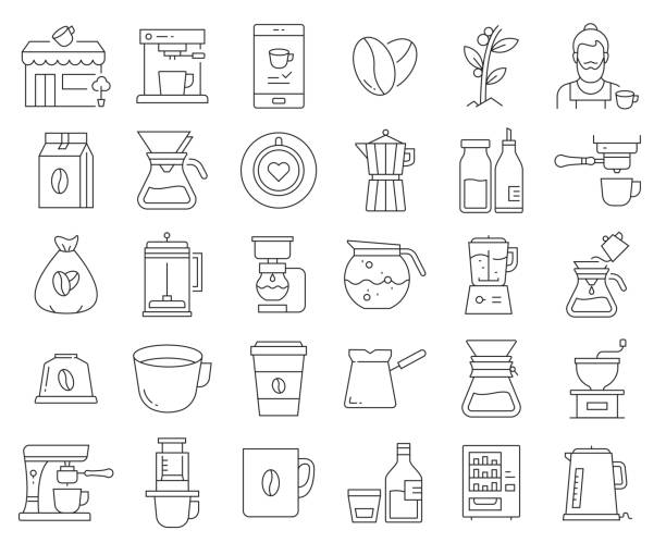 ilustraciones, imágenes clip art, dibujos animados e iconos de stock de conjunto simple de iconos de línea vectorial relacionados con el café. colección de símbolos de esquema. trazo editable - food state