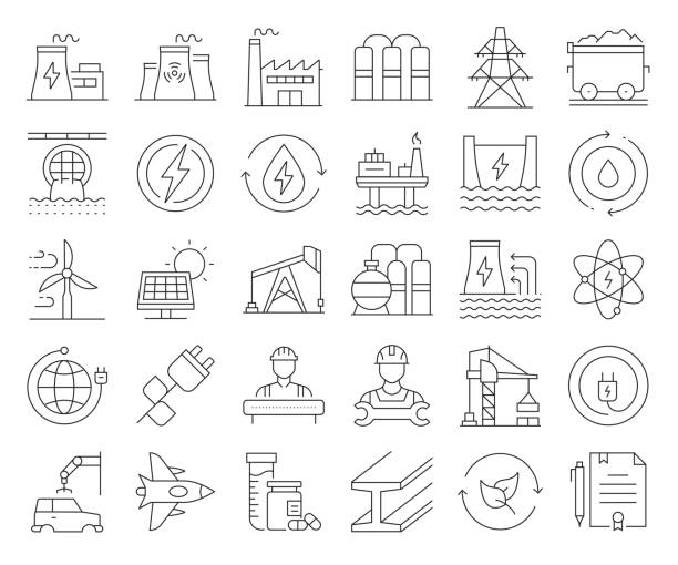 prosty zestaw ciężkich i energetycznych związanych z vector line ikony. kolekcja symboli konspektu. edytowalny obrys - fuel and power generation nuclear power station tower pollution stock illustrations