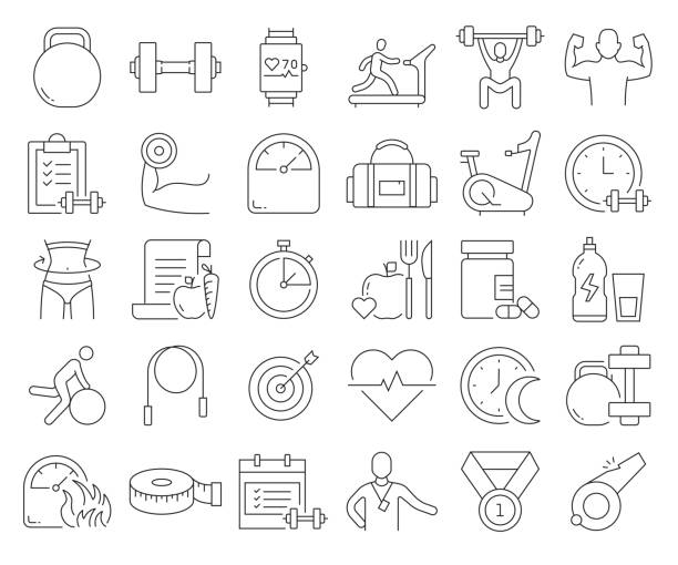 ilustrações de stock, clip art, desenhos animados e ícones de simple set of fitness and workout related vector line icons. outline symbol collection. editable stroke - kettle bell activity aerobics athlete