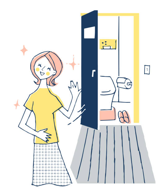 A woman who came out of the toilet with a smile woman, lifestyle japanese toilet stock illustrations
