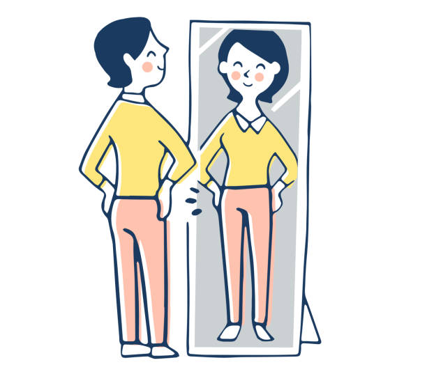 ilustrações de stock, clip art, desenhos animados e ícones de a smiling woman looking at her whole body - woman in mirror backview