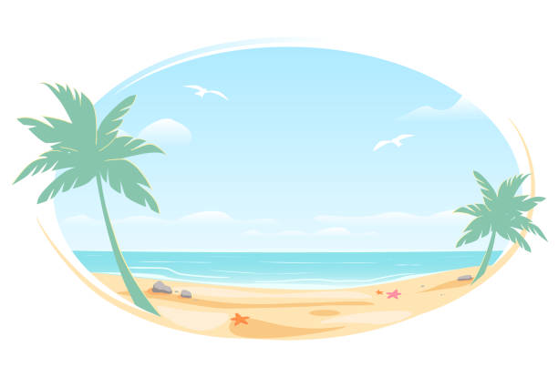 Tropic landscape Poster, oval frame for banner design. Sunny Paradise template illustration with copy space. Summer vacation traveling beach ocean. Greeting card. Vector White background isolated. Tropic landscape Poster in oval frame for banner design. Sunny Paradise template illustration with copy space. Summer vacation traveling beach ocean. Greeting card. Vector White background isolated. caribbean stock illustrations