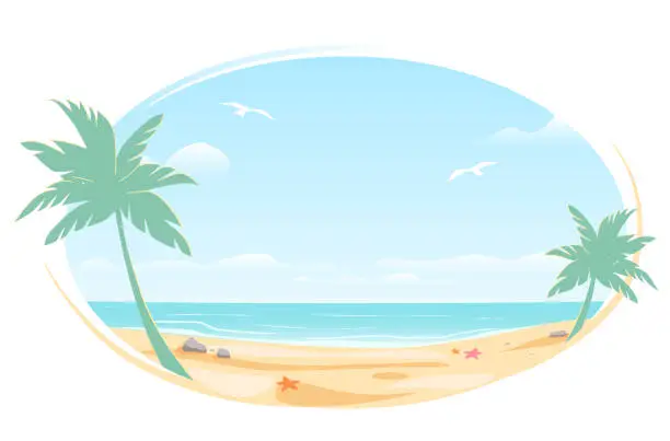 Vector illustration of Tropic landscape Poster, oval frame for banner design. Sunny Paradise template illustration with copy space. Summer vacation traveling beach ocean. Greeting card. Vector White background isolated.