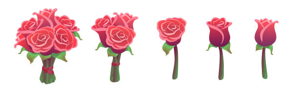 白い背景に隔離された美しいセットの赤いバラの花束。バレンタインギフトステッカーパック。大きい、小さい、単一の花。結婚式の花のコレクション。ベクターの図。愛、ロマンスデザイ� - rose white background red bouquet点のイラスト素材／クリップアート素材／マンガ素材／アイコン素材