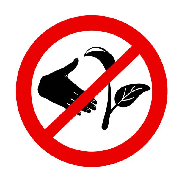 Vector illustration of Do not pluck plants forbidden red sign. No picking flowers vector icon isolated on white background. Dont tear sprout, informative warning. prohibited from removing, pull out branches