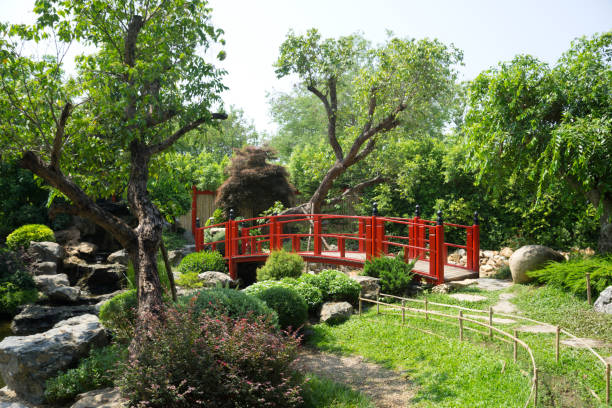 istock Japanese garden style with red bridge 1193931817