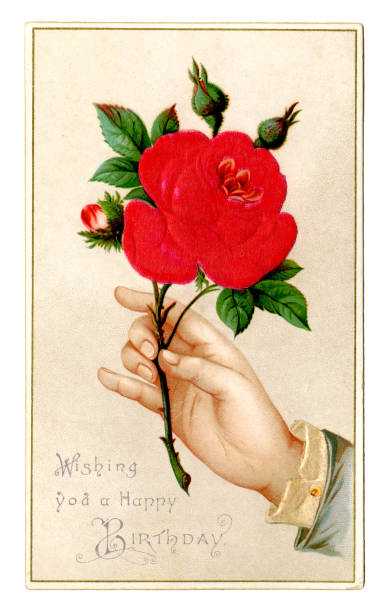 illustrations, cliparts, dessins animés et icônes de carte d'anniversaire victorienne avec la rose, 1889 - carte de voeux et danniversaire illustrations
