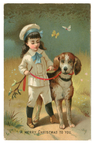 illustrations, cliparts, dessins animés et icônes de carte victorienne de noel avec un garçon et son chien de 1882 - christmas child friendship little boys