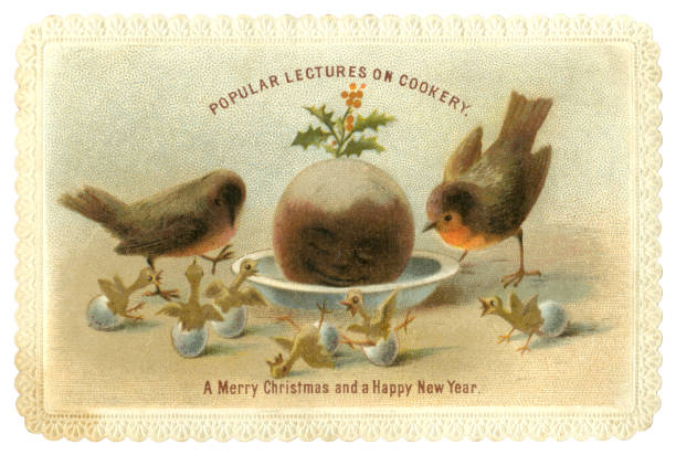 로빈, 병아리와 웃는 크리스마스 푸딩 빅토리아 크리스마스 카드, 1874 - engraving eggs engraved image old fashioned stock illustrations