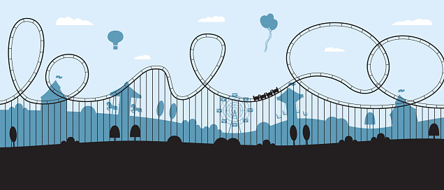 Rollercoaster banner - flat cartoon amusement park skyline silhouette with extreme rollercoaster in the front. Carnival ride with looping railway tracks - vector illustration.