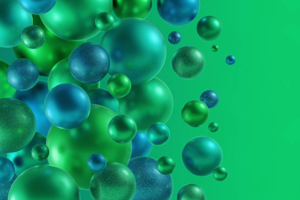 Greeting card composed from 3D rendering varicoloured balls on green background.