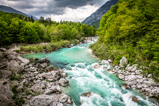 Soca River near Kobarid - Caporetto in The Triglav National Park in Slovenia, Europe. Nikon D850.